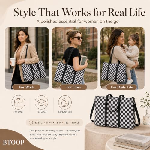 BTOOP Work Tote Bag for Women, Laptop Tote Bag With 15.6 Inch Padded Compartment, Teacher Nurse Bible Bags - color: Black-white Checkered