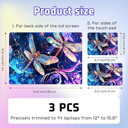 Universal Laptop Skin Sticker Decal, Compatible with MacBook HP Dell Lenovo 12"-15.6", Reusable Vinyl Notebook Cover 3PCS Set, High-Recognition Film-Dragonfly Sparkling - color: Dragonfly Sparkling