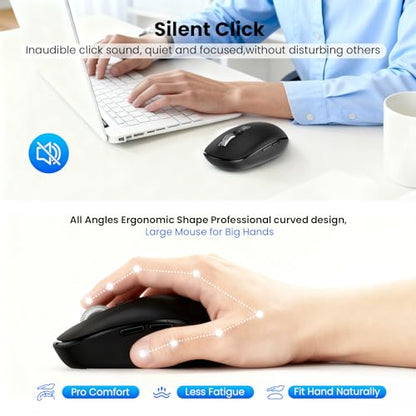 Wireless Bluetooth Mouse,USB+BT×2,Multi Device Ergo Full Size Mouses-big Hand,Metal 4-Way Super Scrolling,± 3000 DPI,10 Buttons,Plug&Play,Quiet,w/ 2 Batteries,Mice for Laptop,Computer,Tablet,Mac,iPad - color: Black-Bigger