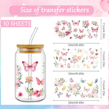 Rngmsi 10 Sheets Spring Flower UV DTF Cup Wrap for 16oz UV DTF Stickers | Wildflower Butterfly Uvdtf Decals, Floral Rub on Transfers, for Glass Cups DIY Crafts, Waterproof, 9.45x4.33 in - style: Spring Flower