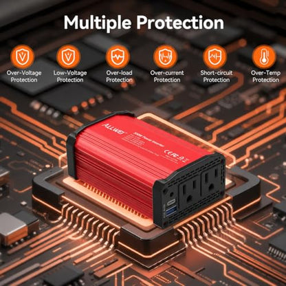 ALLWEI 300W Power Inverter 12V DC to 110V AC Car Inverter with 27W PD USB-C &18W USB-A Fast Charging, Car Charger Cigarette Lighter Adapter for Phone, Laptop and Small Devices on Road Trip-Red - color: PD27W-Red