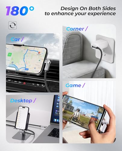 90 Degree USB C Cable Swivel Cord with 180° Rotating Head - 6.6FT Nylon Braided USB C to USB C Charger Cord with 60W Fast Charging, Data Sync, Apple Carplay for iPhone 17/16/15, iPad, Galaxy, Mac