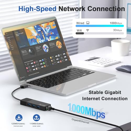 USB to Ethernet Adapter, 3xUSB 3.0 and 1000M RJ45 Network Hub for Laptop | 4-in-1 USB A Hub (Gigabit RJ45 & 3 USB-A ports) Plug & Play for Laptop/PC/MacBook/Surface/Dell XPS, Windows/Mac/Chrome OS - size: 0.95FT -4 in 1 USB A to Ethernet Adapte