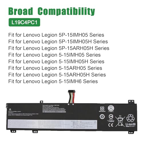 L19C4PC1 Laptop Battery Replacement for Lenovo Legion 5P-15IMH05 5-15IMH05H 5-15ARH05 5-15ARH05H Series 5B10W86194 L19M4PC1 5B10W86192 L19C4PC0 5B10W86196 L19M4PC0 5B10W86195 15.4V 80Wh