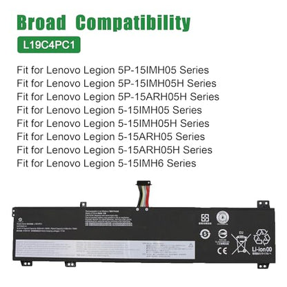 L19C4PC1 Laptop Battery Replacement for Lenovo Legion 5P-15IMH05 5-15IMH05H 5-15ARH05 5-15ARH05H Series 5B10W86194 L19M4PC1 5B10W86192 L19C4PC0 5B10W86196 L19M4PC0 5B10W86195 15.4V 80Wh