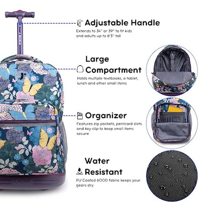 J World Sunrise Kids Rolling Backpack with Wheels for Girls Boys, Roller Bookbag for School, 18 x 13 x 9 Inches, Secret Garden - color: Secret Garden