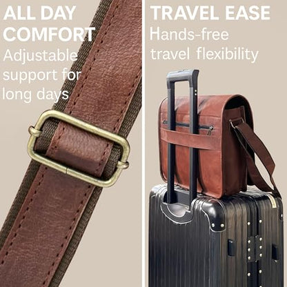 Leather Messenger Bag for Men & Women, 14" Vintage Crossbody Laptop Satchel | Fits 13.3 inches Laptop & iPad, Organized Pockets, Adjustable Shoulder Strap, Magnetic Closure, Travel Trolley Strap, Brown