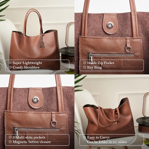 Italian Leather Tote Bag for Women - Large Shoulder Shopper, Fits 16” Laptop, Keychain Holder, Made in Italy - color: Chocolate Brown