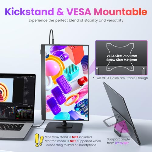 Upperizon Portable Monitor 15.6 inch FHD 87% sRGB 60Hz IPS HDR HDMI USB-C Travel Monitor for Laptop MacBook PC Surface PS5 Xbox, External Display with Kickstand & Speakers, VESA Compatible - size: 15.6 inch
