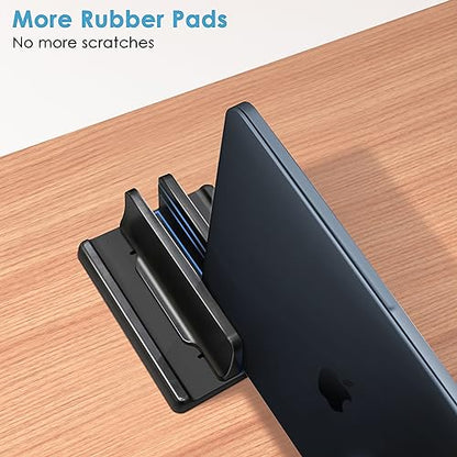 Vertical Laptop Stand [New Version: Two More Rubber Pads & Hex Key Storable Design] ABS Plastic Adjustable Dock up to 15 inch PC Desk Space Saver for MacBook/Surface/iPad/Mini PC (Black) - color: Black