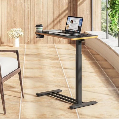 SANODESK Mobile Standing Desk with Hidden Wheels,Pneumatic Laptop Desk Rolling Computer Cart Movable Height Adjustable Small Sit Stand Desk for Home Office(27.6" W x 15.7" D, Black+Maple Band) - color: Black Maple, size: 28x16