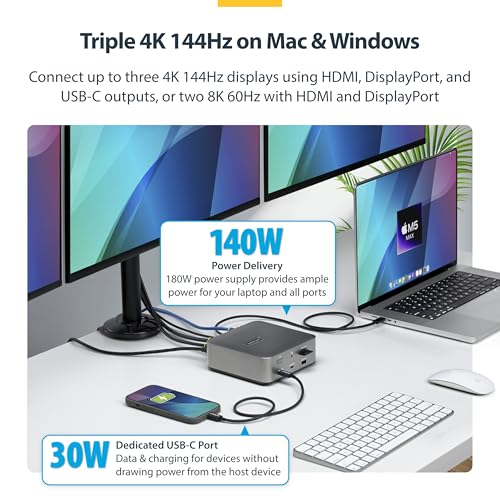 StarTech Thunderbolt 5 USB4 Dock, Dual 8K 60Hz, Triple 4K, 140W, 2.5GbE | Plug-and-play Windows 11 and macOS, Thunderbolt 5 Certified, Dual 6K on Mac, 120Gbps transfer, SD 4.0, 30W phone, USB 10Gbps