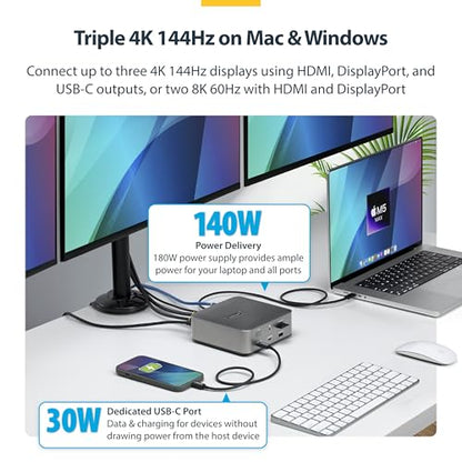 StarTech Thunderbolt 5 USB4 Dock, Dual 8K 60Hz, Triple 4K, 140W, 2.5GbE | Plug-and-play Windows 11 and macOS, Thunderbolt 5 Certified, Dual 6K on Mac, 120Gbps transfer, SD 4.0, 30W phone, USB 10Gbps