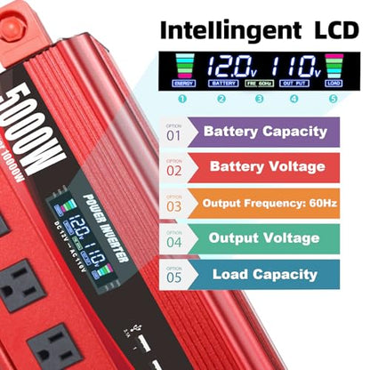 Cantonape 5000W Power Inverter 12V to 110V/120V DC to AC with LCD Display, Remote Controller 5 x AC Outlets and 4 x 3.1A USB Car Adapter for Car Truck Boat RV Solar System - size: 5000W-12V