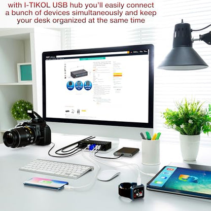 7 Port USB 3.0 Hub - Powered USB Hub –Multiple USB Splitter with Built-in 12V/3A/36W Power Adapter - Up to 5Gbps Sync & High-Speed Data Transfer - Mounting Brackets for Phone MB Laptop Tablet PC