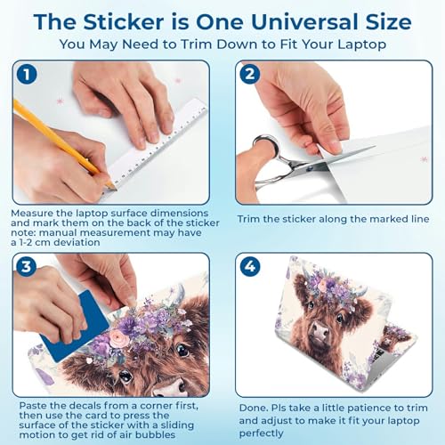 Reusable Universal Laptop Skin Sticker, Cut to Fit for 11.6–15.6 Inch Laptops, Waterproof Protective Film, No-Residue - Purple Floral Cow - color: Purple Floral Cow