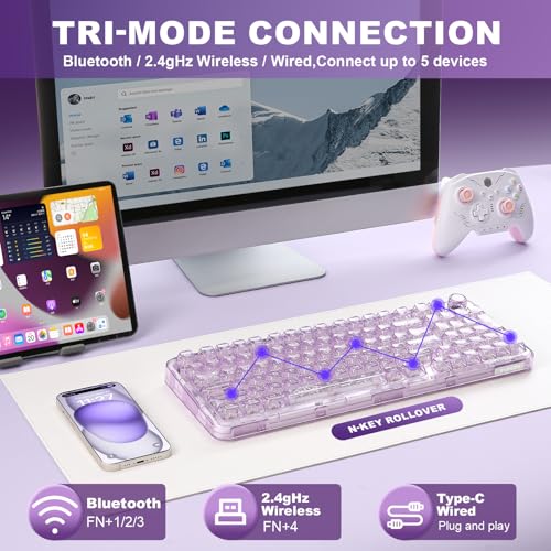 YUNZII X98 Wireless Mechanical Keyboard with Knob (Purple, Snow Switch) | BT5.0/USB-C/2.4GHz,1800 Layout with Number Pad,Pre-lubed Switches Gasket Mount ,Clear Keyboard with RGB for Wins/Mac/Gaming - color: Purple, size: Snow Switch