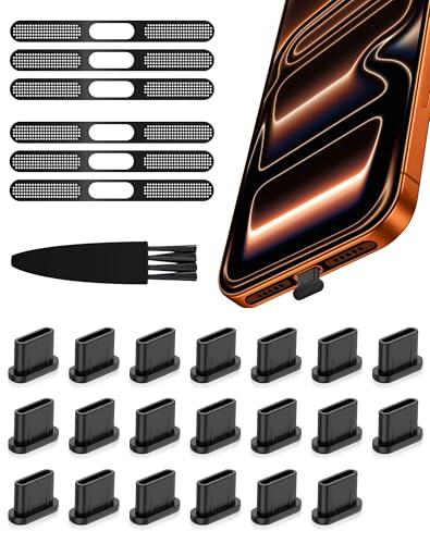 USB C Dust Plug Port Cover Protectors 20 PCS with Phone Speaker Cover Bumper Stickers 6 PCS Compatible for iPhone 17 Pro with Cleaning Brush - Black Silicone and Metal Mesh Accessories - size: for iPhone 17 Pro