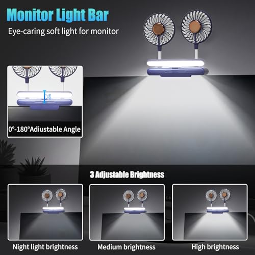 Desktop Fan with LED Lights, Monitor Clip on Fan with 2 Rotatable Heads, 3 Speeds Office Desk Fans Small Quiet Sturdy Adjustable Clamp, Strong Wind Personal Cooling Fans for Laptop, Desktop. - color: Blue Fan with Lights
