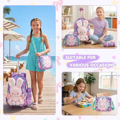Meetbelify Rolling Backpack for Girls Backpacks with Wheels for Elementary Student Kids School Travel Bag for Girls Ages 6-8 Years Old - color: Purple Rabbit