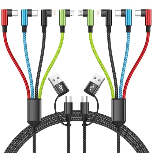 Travel Essentials 90 Degree Charging Cable, 4 in 2 USB A/USB C Multi Charging Cable, Right Angle Universal Phone Charger with IP/Type C/Type C/Micro Port, Compatible with Most Cell Phones and More - color: USB A+C-Red_Blue_Black_Green-1Pack, size: 1Pack 5