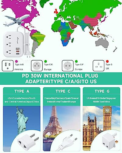 Alitayee PD30W USB C Travel Power Strip,European Travel Plug Adapter C/G/A | PD30W Fast Charger,3 USB,3 Outlets,4ft Extension Cord,International Plug Adapter,UK,Italy Spain France Germany Travel Cruise - style: PD30W-4FT-EU/UK/US Plug
