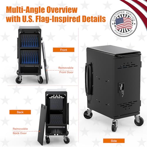 16-Device Charging Cart with Power Strip, Black Charging Station for Chromebooks, Laptops & Tablets up to 14”, Classroom Charging Cabinet with Cable Management & Accessory Storage - size: 16 Tablet/Chromebook