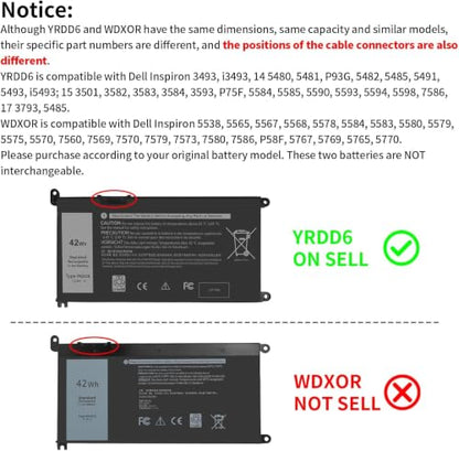 42Wh YRDD6 Battery for Dell Inspiron 15 3582 3583 3584 P75F 3593 5584 5585 | 5590 5593 5594 5598 5582 7586 14 3493 5481 P93G 5482 5485 5491 5482 2-in-1 5493 17 3793 Vostro 5481 5590 1VX1H VM732 OVM732 - size: 6.85*3.5*0.25inch YRDD6