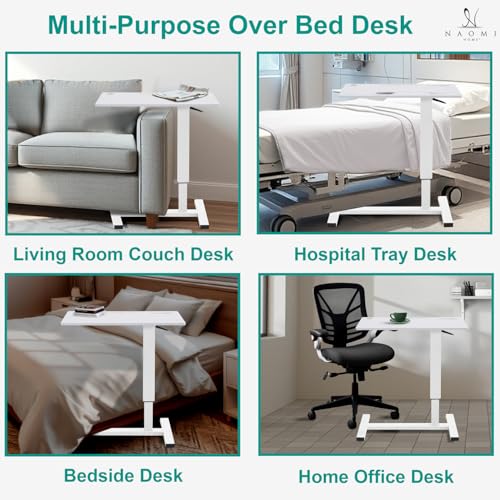 Naomi Home Adjustable Overbed Table with Charging Station, Rolling Hospital Bedside Table with Wheels, Height Adjustable Bed Desk for Laptop, Meals & Recovery Care White - color: White