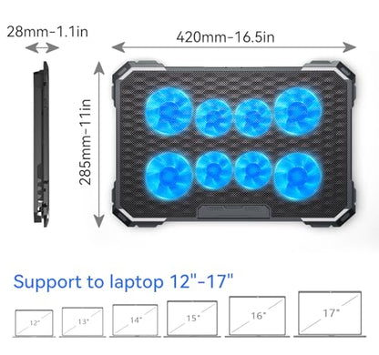 ICE COOREL Laptop Cooling Pad with 8 Cooling Fans, Cooling Pad for Laptop Fan 13-15.6 Inch, Laptop Cooler Stand with 6 Height Adjustable, Notebook Cooler Pad with Two USB Port [2025 Version] - size: 8 Fans