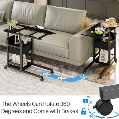 DAPOTUG Adjustable Overbed Bedside Table with Wheels, Charging Station | Tilting Top, Adjustable Side Table, 2-Tier Storage with Drawer, Over Bed Table, C-Shaped End Table for Beds, Couch - color: Black