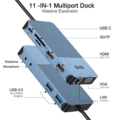 USB Docking Station GIQ USB C HUB USB 3.0 to Dual HDMI VGA Adapter Triple Display USB C Laptop Docking Station Dual Monitor HDMI Splitter Extender Compatible with MacBook M1 M2 M3 M4 M5 USB Dock - color: blue