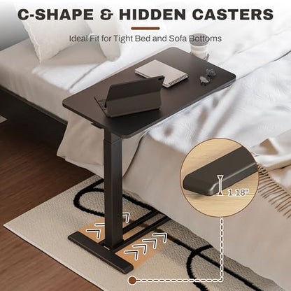 SANODESK 28''Pneumatic Adjustable Overbed Bedside Table with Hidden Casters | Medical Mobile Side End Table Laptop Computer Standing Desk Cart with Tray, Hospital and Home Use(27.6" W x 15.7" D,Black) - color: Black, size: Small
