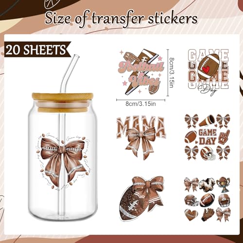 Rngmsi 20 Sheets Football Bow UV DTF Cup Wrap, Cold UV DTF Transfer Sticker | Sports Brown Mama Uvdtf Stickers, Waterproof, Rub on Transfer Decals, for DIY 16 oz Glass Cups Water Bottle Mug Crafts - style: Football Bow