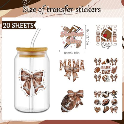 Rngmsi 20 Sheets Football Bow UV DTF Cup Wrap, Cold UV DTF Transfer Sticker | Sports Brown Mama Uvdtf Stickers, Waterproof, Rub on Transfer Decals, for DIY 16 oz Glass Cups Water Bottle Mug Crafts - style: Football Bow