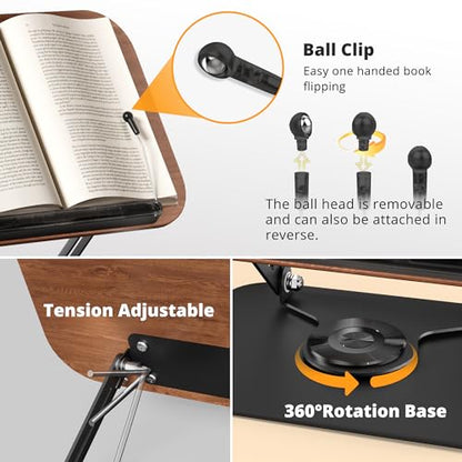Book Stand for Reading, Adjustable Book Holder with 360° Rotating Bases, Foldable Designs, and Elastic Clips, Multifunctional Display Stand for Recipe, Cookbooks, Magazines, Tablets, Laptops - color: Dark Wood