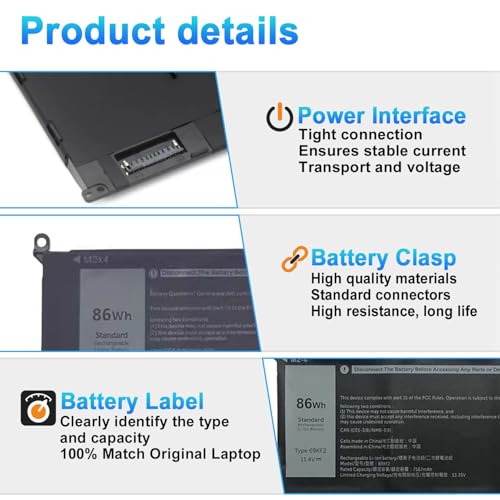 86Wh 69KF2 Laptop Battery for Dell XPS 15 9500 9510 9520 Precision 5550 5560 5570 Alienware M15 M17 R3 R4,G15 5510 5511 5515 5520 5521,G7 15 7500,Inspiron 7510 7610 P87F P91F P45E Series 8FCTC 70N2F - size: 11.75*3.31*0.34inch 69KF2