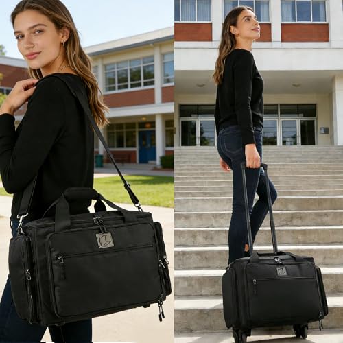 Rolling Teacher Bag with Five 360-Degree Swivel Wheels,Teacher Tote Bag with Detachable Trolley,Using YKK zipers,Fits for 15.6" Laptop (Black) - color: black