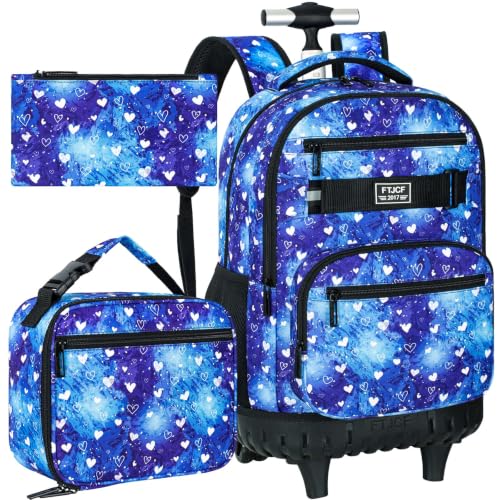 3Pcs Rolling Backpack for Girls, 19 Inche Women Roller Bag with Wheels for Adults, Wheeled Bookbag with Lunch Box(Blue) - color: Blue Love