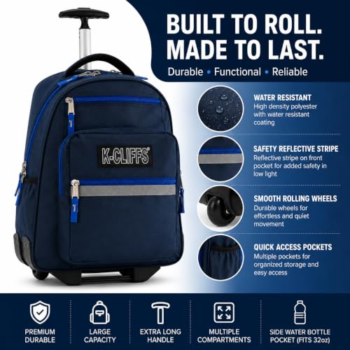 Heavy Duty Rolling Backpack School Bookbag with Wheels Deluxe Wheeled Daypack - color: Navy