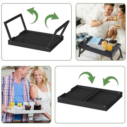 Bamboo Bed Tray Table with Folding Legs, Medium, Black | FSC-certified bamboo bed tray with folding legs, handles and raised edges for meals, reading, laptops and serving in bed. - color: Black, size: Medium