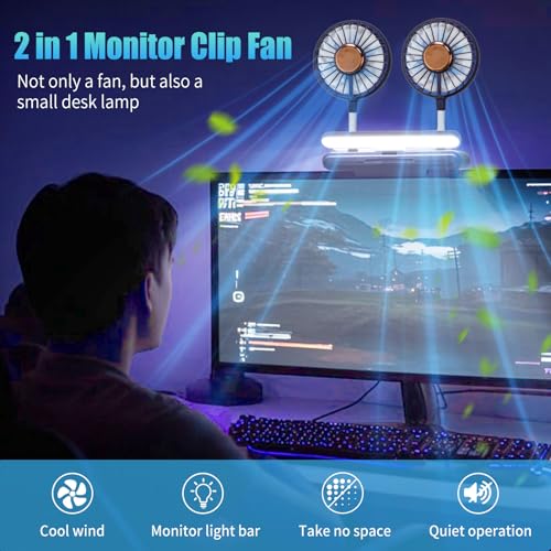 Desktop Fan with LED Lights, Monitor Clip on Fan with 2 Rotatable Heads, 3 Speeds Office Desk Fans Small Quiet Sturdy Adjustable Clamp, Strong Wind Personal Cooling Fans for Laptop, Desktop. - color: Blue Fan with Lights