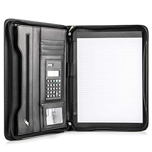 Cossini Black Superior Vegan Leather Business Portfolio with Zipper – Padfolio All-in-One. Smartest Protective 10.1 Inch Tablet Sleeve, Presentation Slot, Solar Calculator, Card Storage, Writing Pad - color: Black