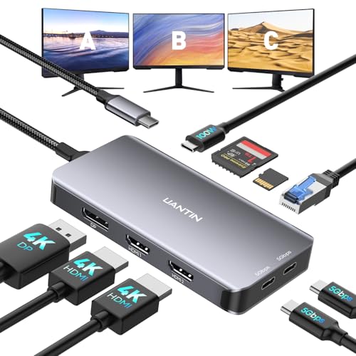 UANTIN USB C Docking Station Dual Monitor, Laptop Docking Station 3 Monitors Triple 4K 60Hz Display with 2 HDMI, DisplayPort, 1Gbps Ethernet, 100W PD, 2 USB-C Data, USBC Dock for Dell, HP, Lenovo, etc