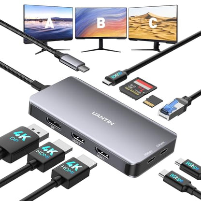 UANTIN USB C Docking Station Dual Monitor, Laptop Docking Station 3 Monitors Triple 4K 60Hz Display with 2 HDMI, DisplayPort, 1Gbps Ethernet, 100W PD, 2 USB-C Data, USBC Dock for Dell, HP, Lenovo, etc