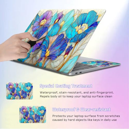 Universal Laptop Skin Sticker Decal, Compatible with MacBook HP Dell Lenovo 12"-15.6", Reusable Vinyl Notebook Cover 3PCS Set, High-Recognition Film-Blue Purple Stained Glass Flower - color: Blue Purple Stained Glass Flower