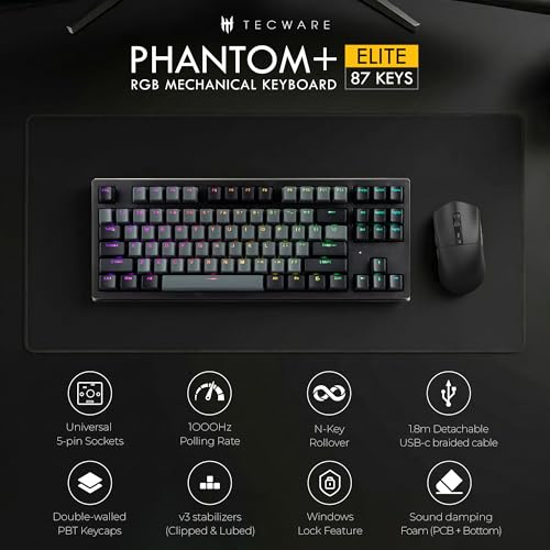TECWARE Phantom+ Elite 87 Key RGB Mechanical Gaming Keyboard | 3 Mode Wireless Bluetooth 5.0 2.4GHz & USB C Wired | Hot Swappable 5 Pin | Double Shot PBT Keycaps | Wraith Pink Switch - Black - color: Pink Switch, size: Phantom+ Elite 87 | Black