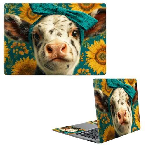 Laptop Skin Sticker Decal, Universal Protective Cover Fit 12 13 14 15.6 Inch Notebook, Reusable Water-Resistant Vinyl Decal w/ 2 Wrist Pads for Business Travel Office, Cow Sunflower - color: Cow Sunflower