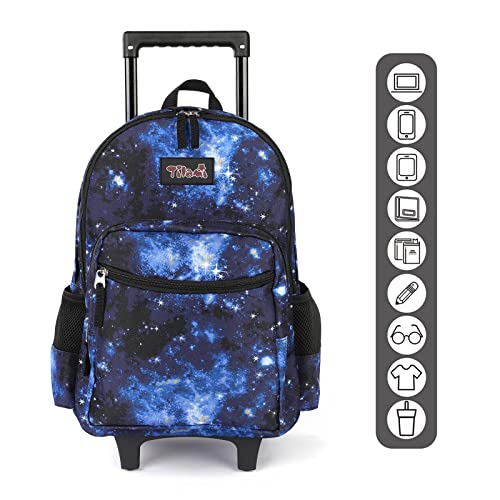 Tilami Rolling Backpack 18 inch Double Handle Wheeled Boys Girls Travel School Children Luggage Toddler Trip - color: Galaxy Blue