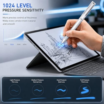 Pen for Surface Pro 11/10/9/8/X, Surface Laptop/Book/Go/Studio, Kobo | Palm Rejection, 1024 Pressure, 2500H Battery Life Active Stylus Pencil for Student Note-Taking & Artist Business Drawing - color: Silver
